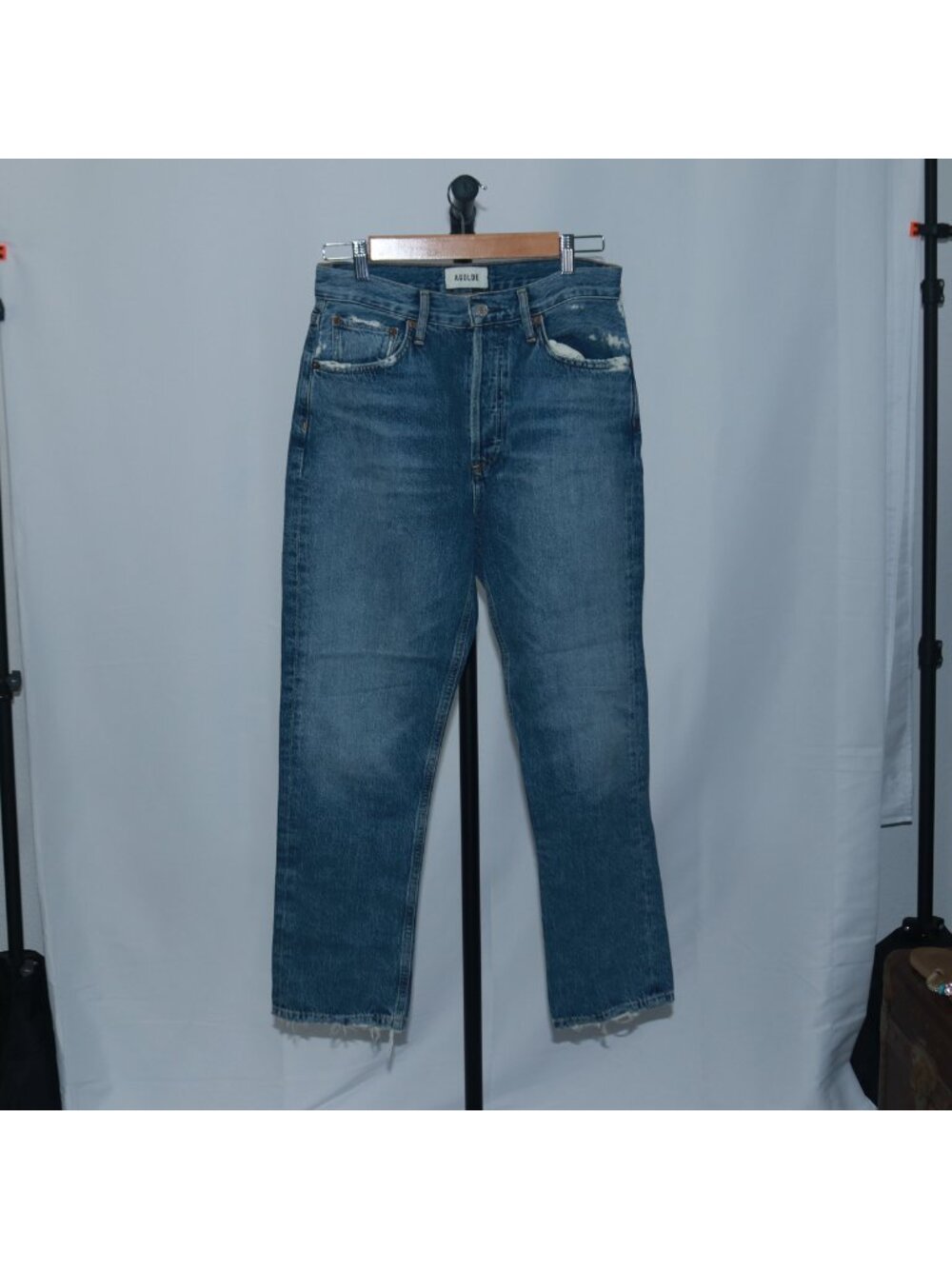 AGOLDE Womens Distressed Denim Jeans Blue Metallic Rivets Straight Size 27